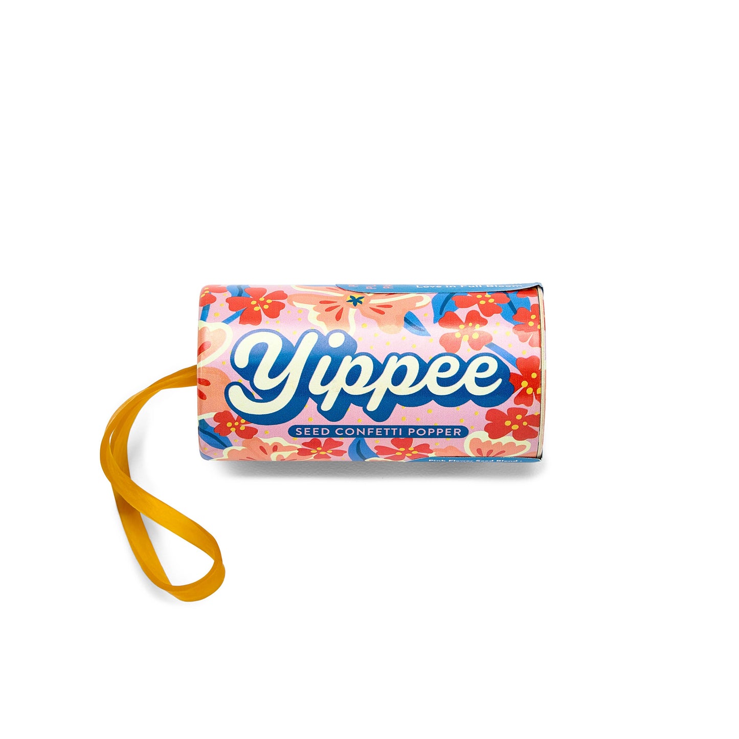 Yippee confetti popper with floral design on a white background