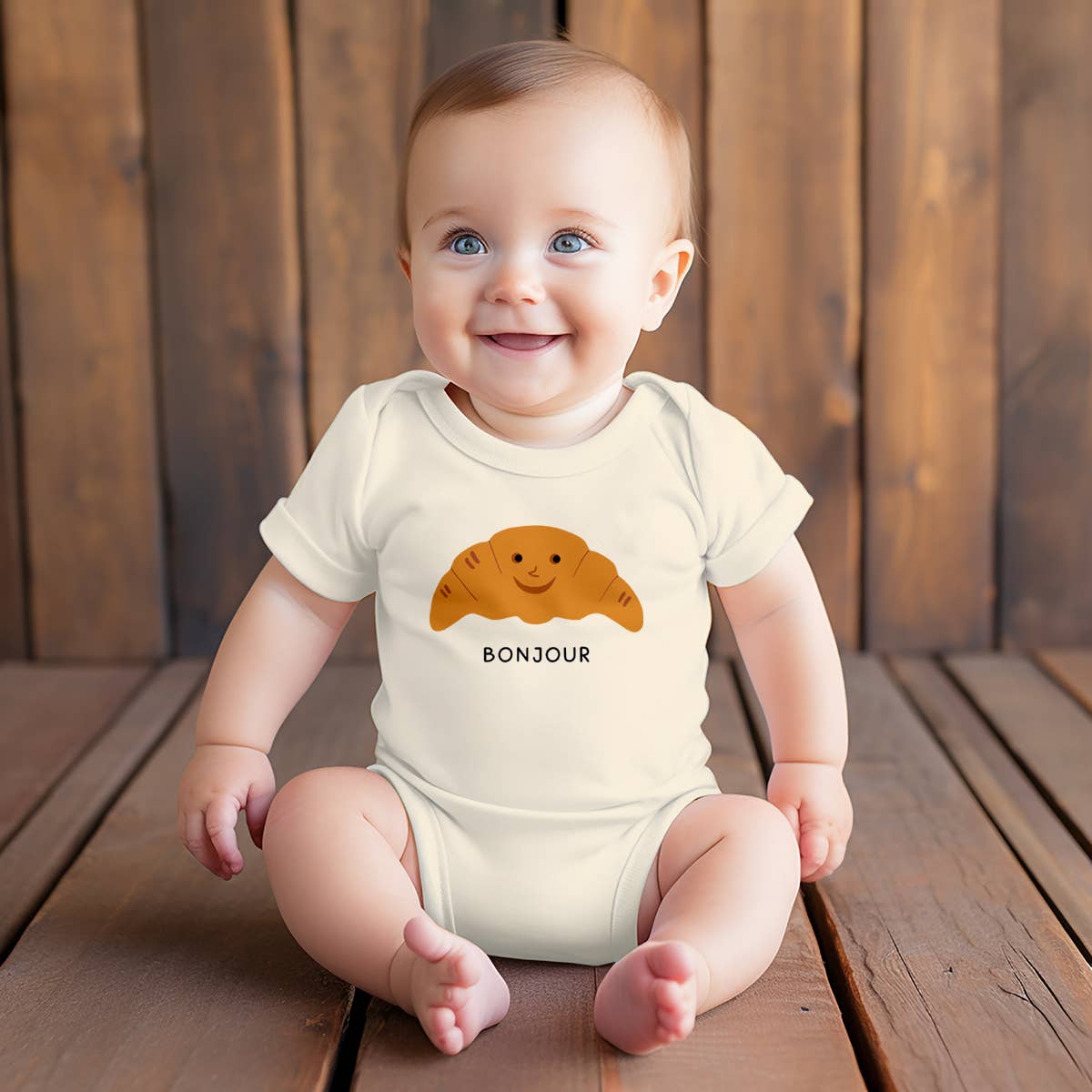 Bonjour Croissant with Cute Face Baby Bodysuit
