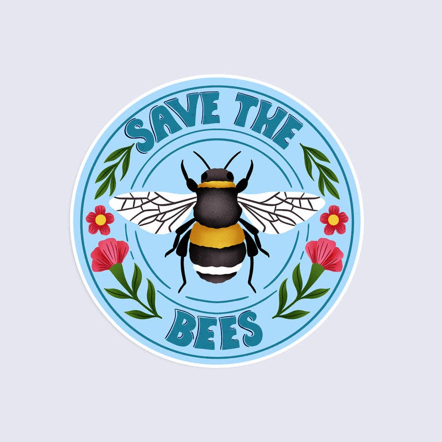 Circular sticker with a bee illustration and 'Save the Bees' text on a light blue background