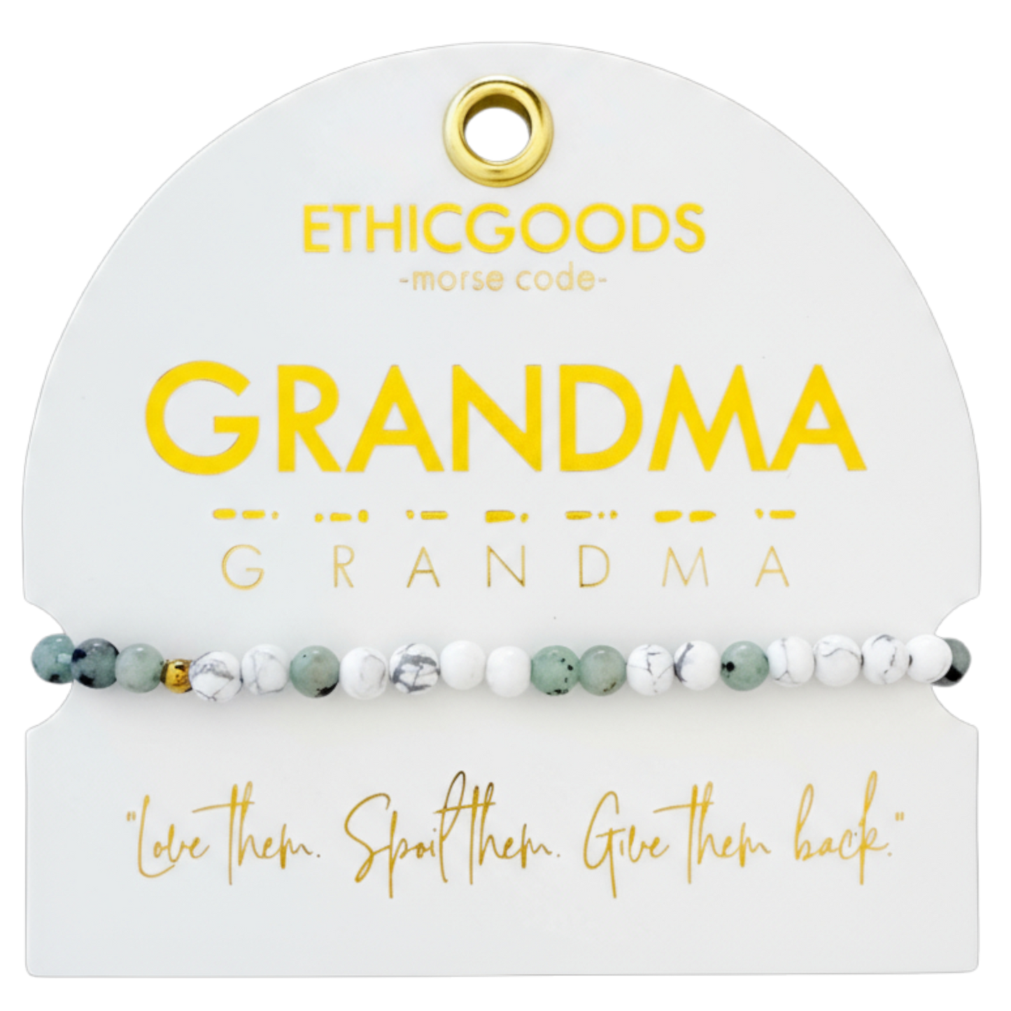Set of beaded bracelets on a 'ETHICGOODS' branded card with 'GRANDMA' text.