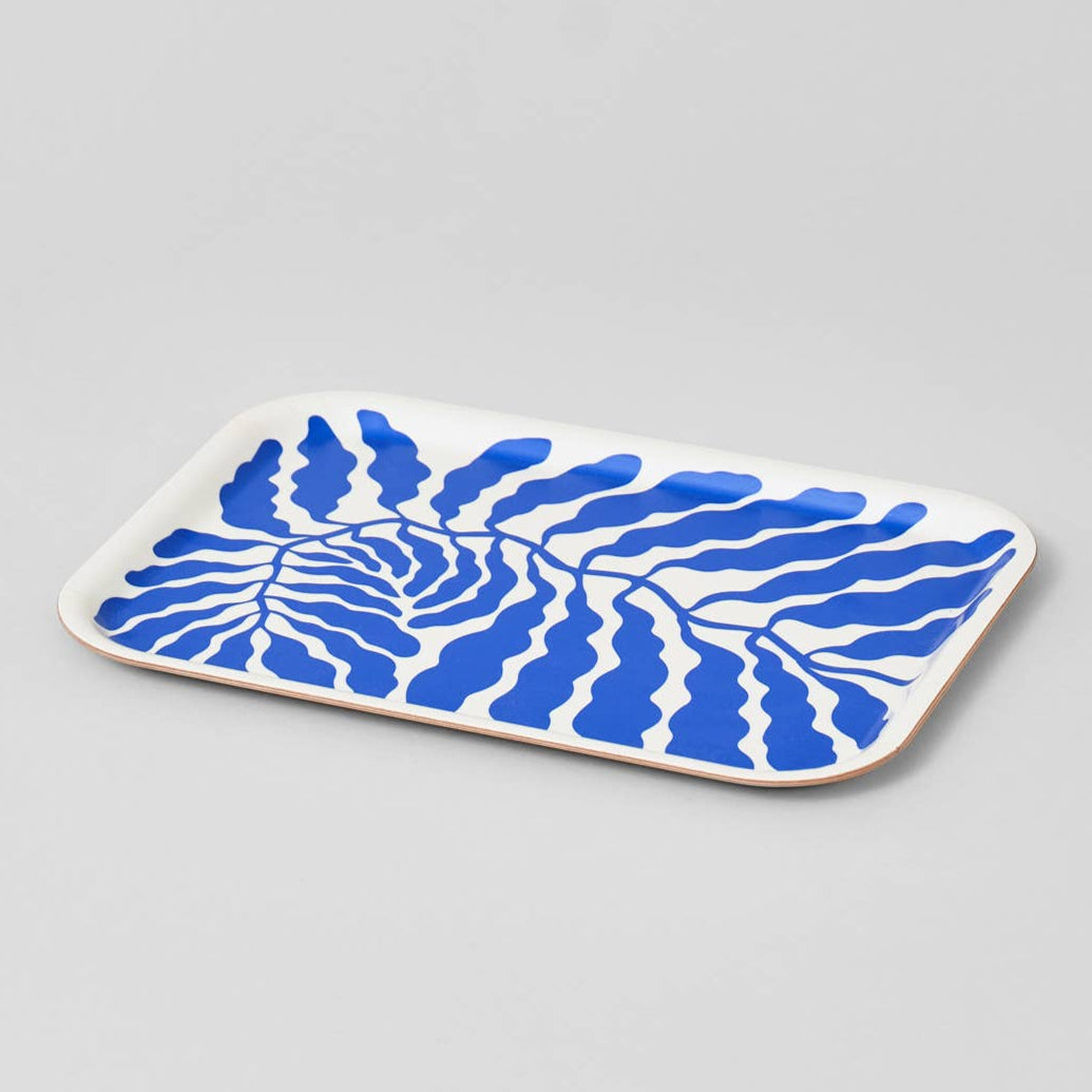 Deep Blue Leaves Large Rectangle Birch Serving Tray