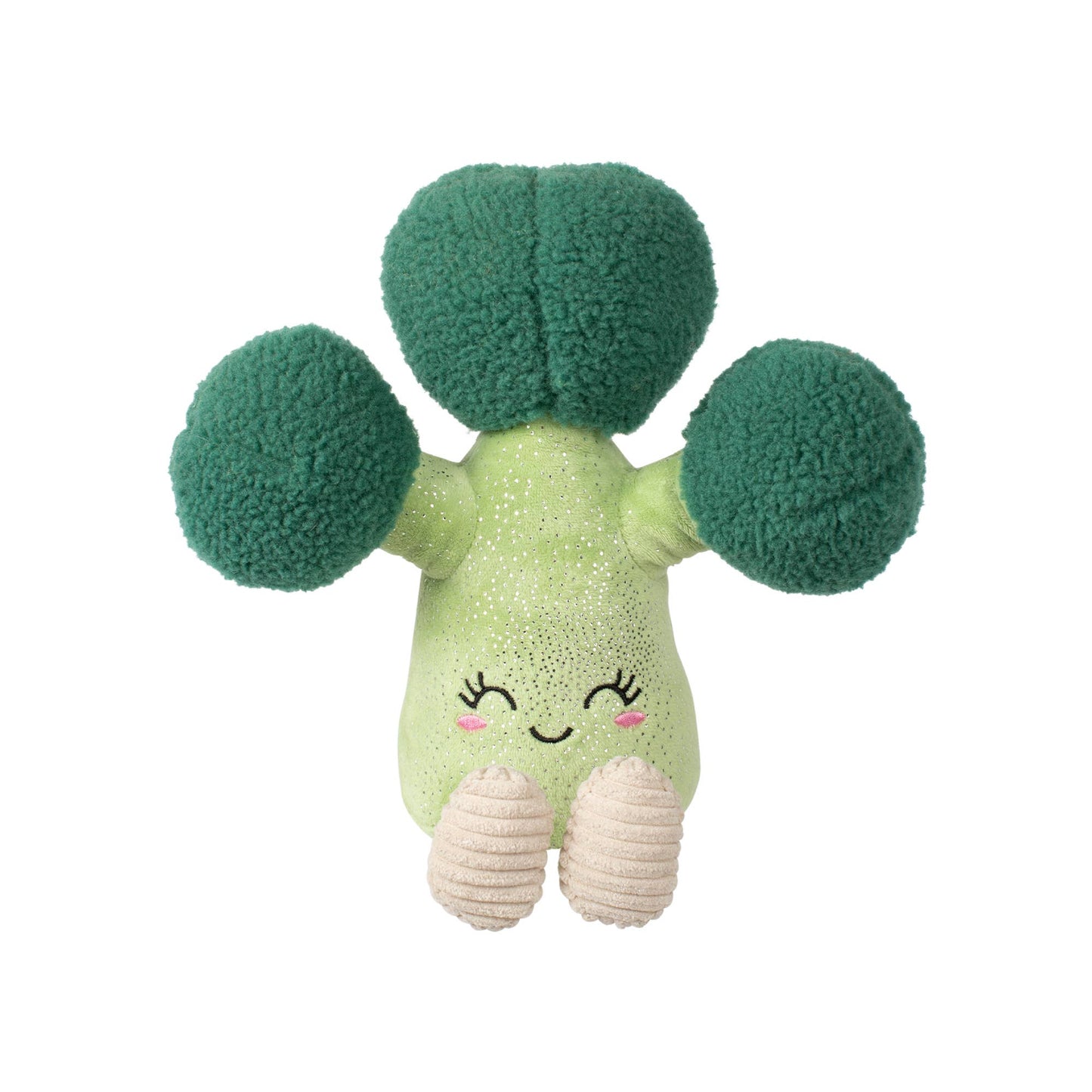 Plush toy shaped like a broccoli with a smiling face on a white background