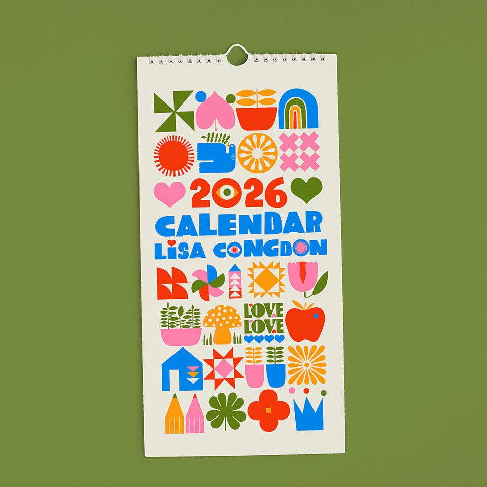 2026 calendar by Lisa Congdon with colorful designs on a green background