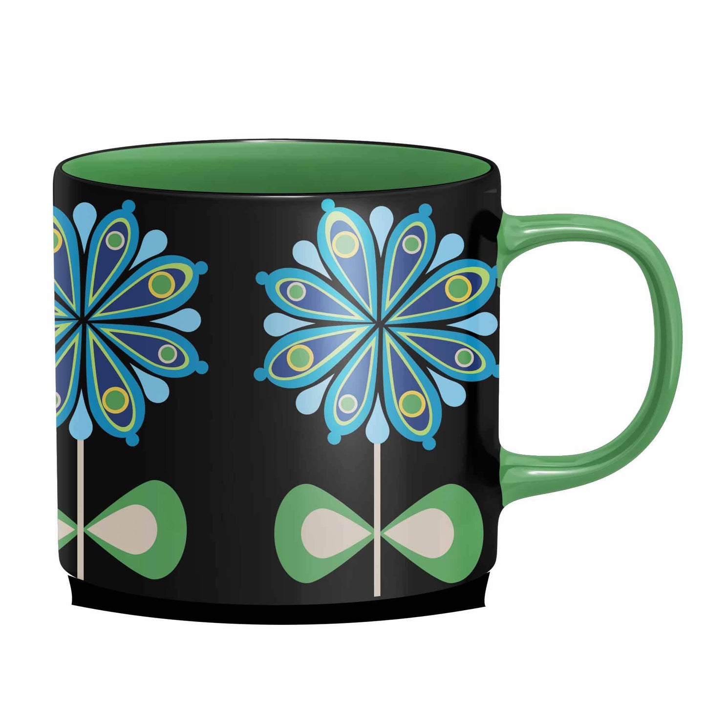 Mug with blue and green floral design on a black background