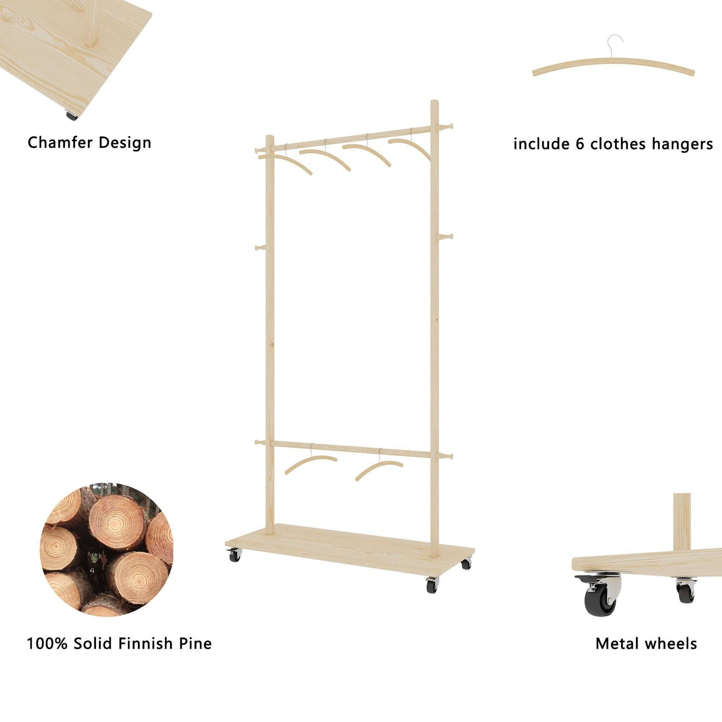 Solid Wood Garment Rack with Shelf, Wheels & 6 Hangers