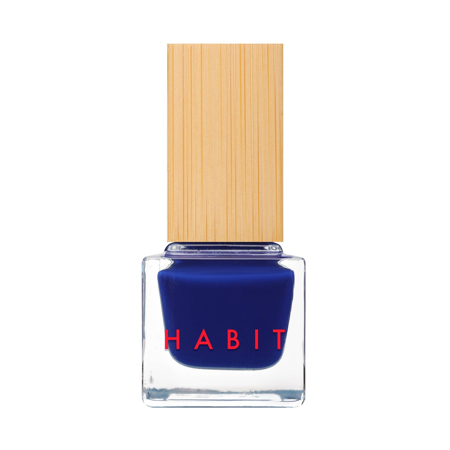 Blue nail polish bottle with a wooden cap on a white background