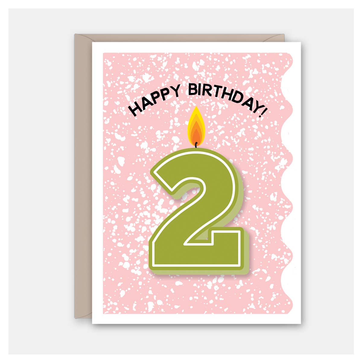 Birthday card with a green number '2' and candle on a pink background