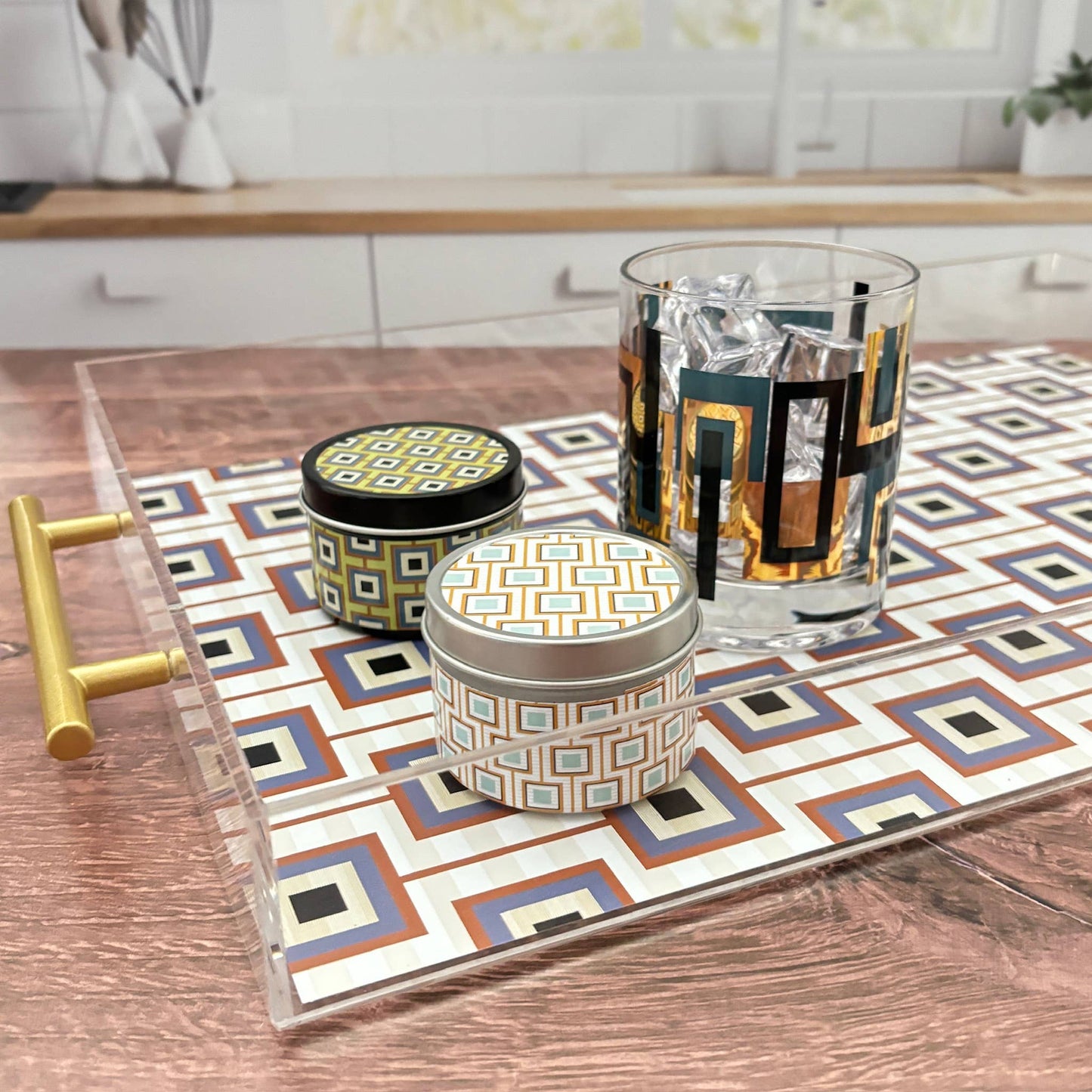 Squares Unaligned Rectangle Acrylic Tray with Gold Handle