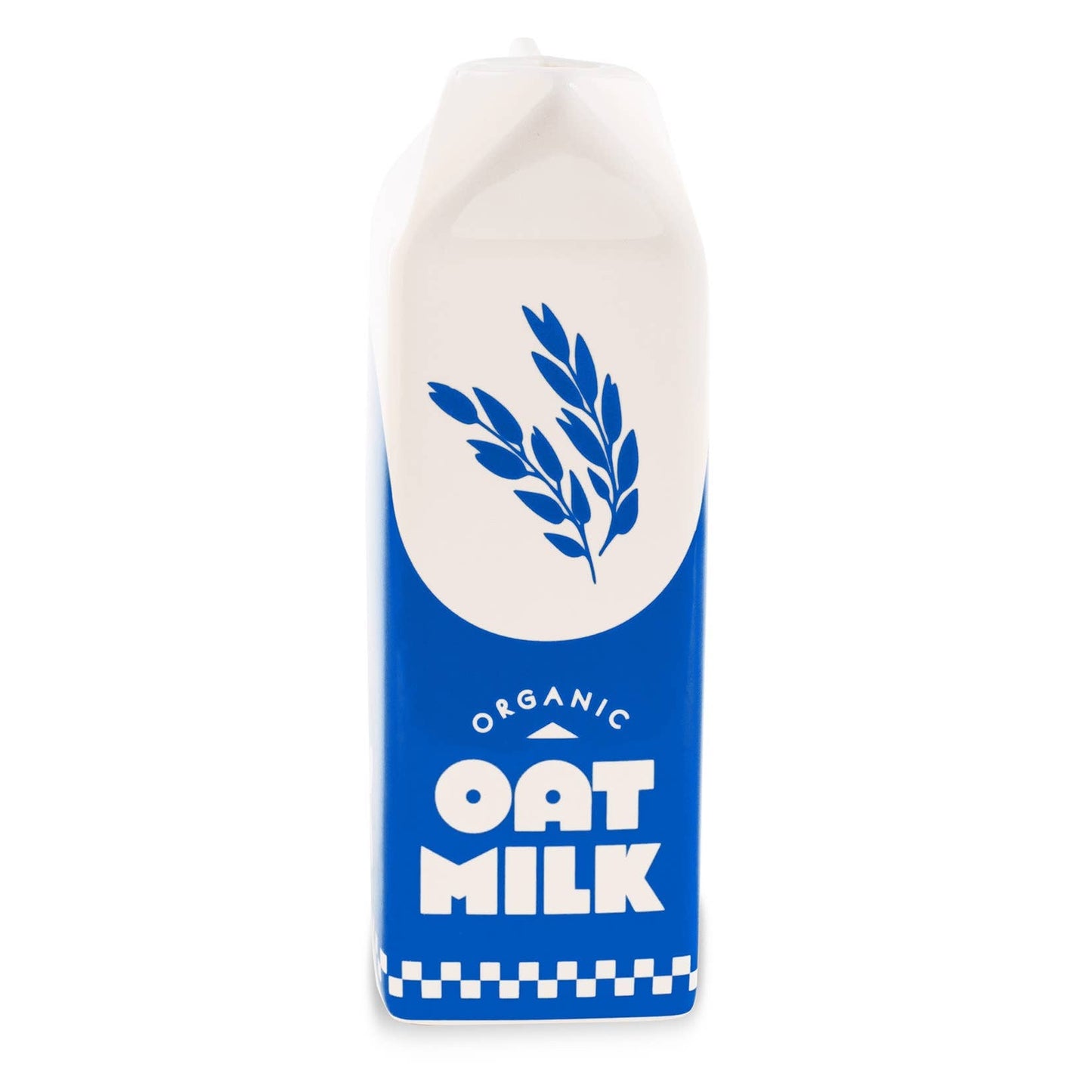 Carton of organic oat milk with blue and white design on a white background