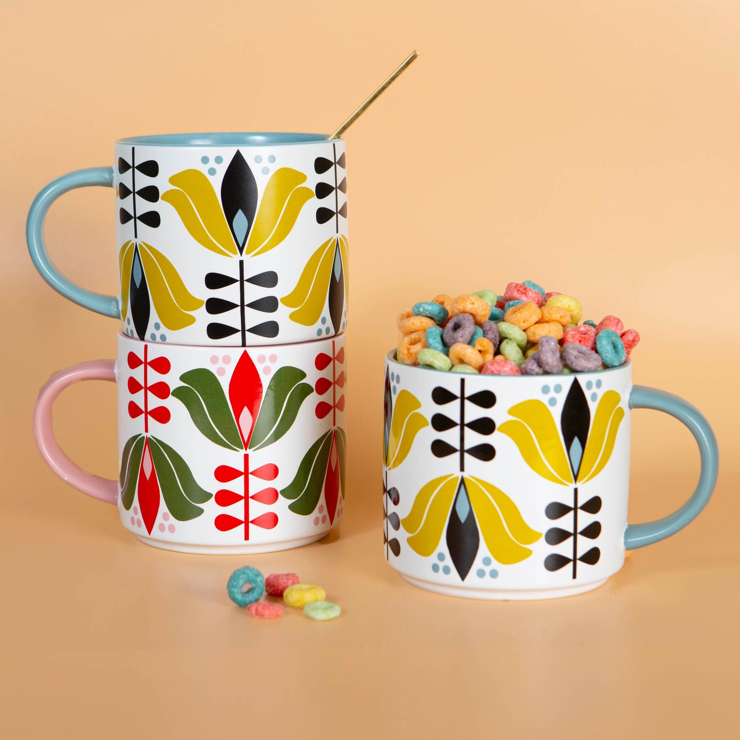 Red Lotus Flower Mid Century Modern Stackable Matte Coffee Mug