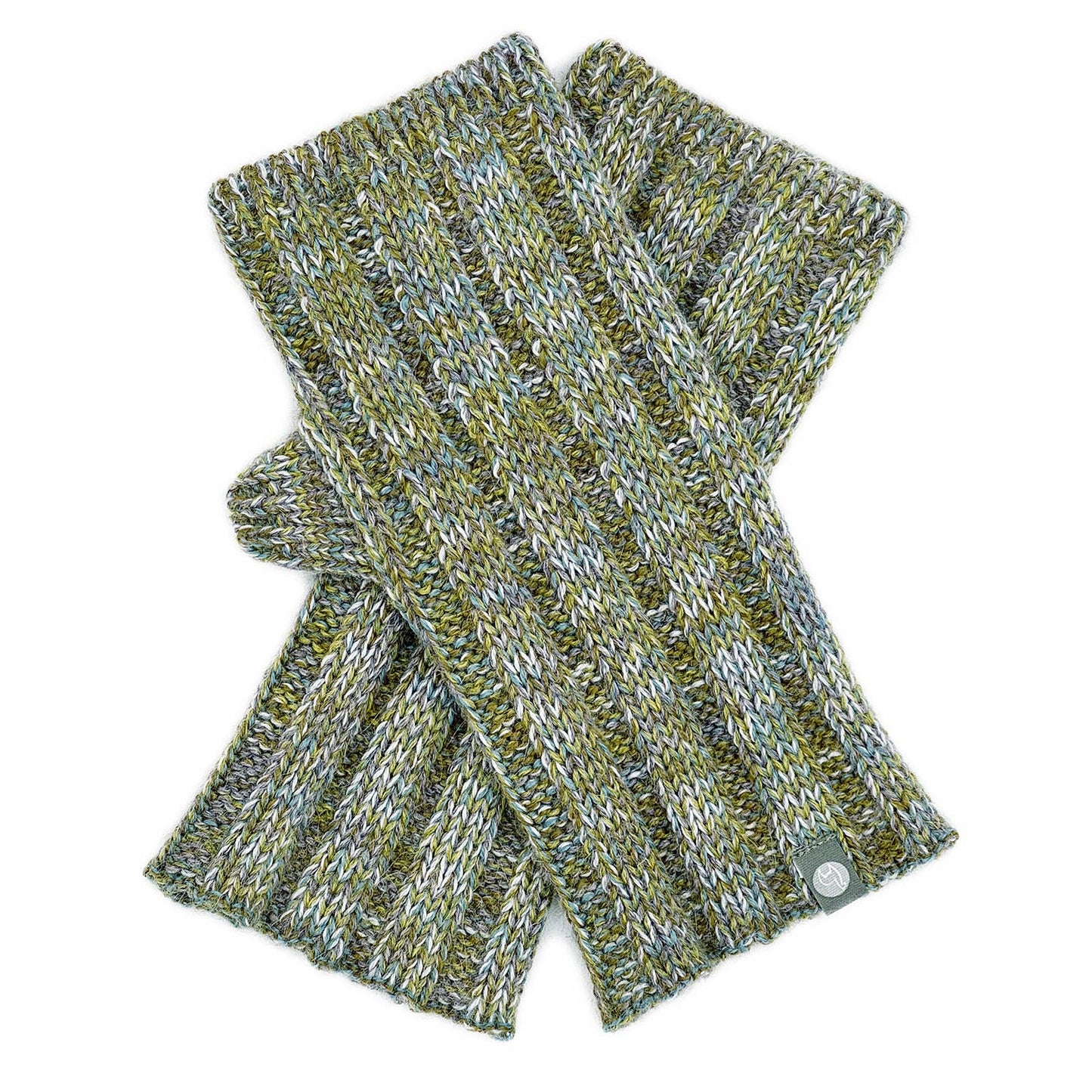 Pair of green and gray knitted fingerless gloves on a white background