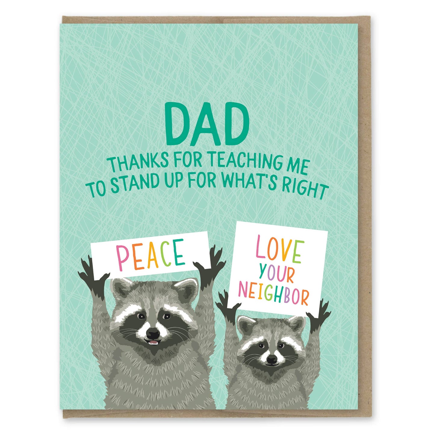 Greeting card with raccoons holding signs and text on a light blue background