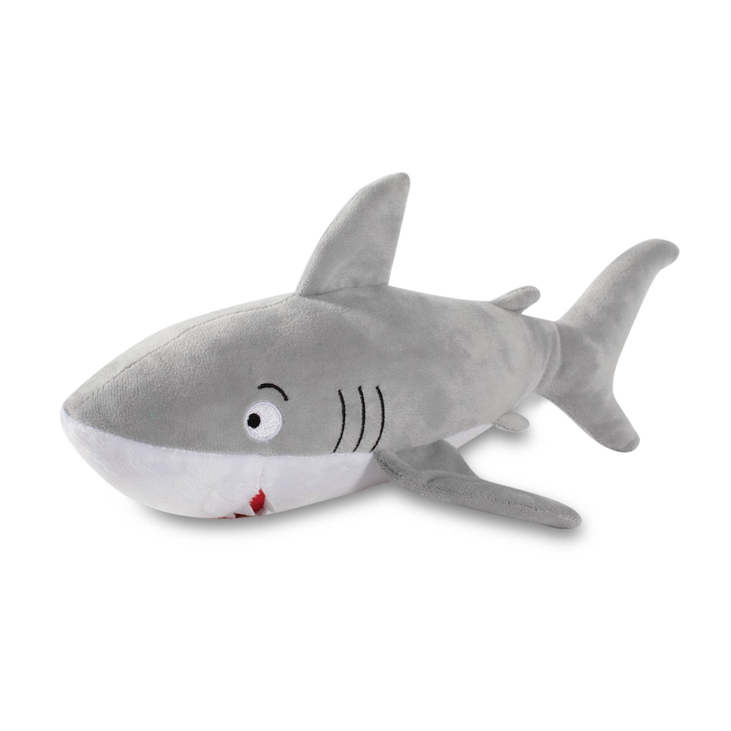 A plush shark toy with a gray body, white underside, black stitched gills and eye details, and a small red mouth accent, photographed on a clean white background.