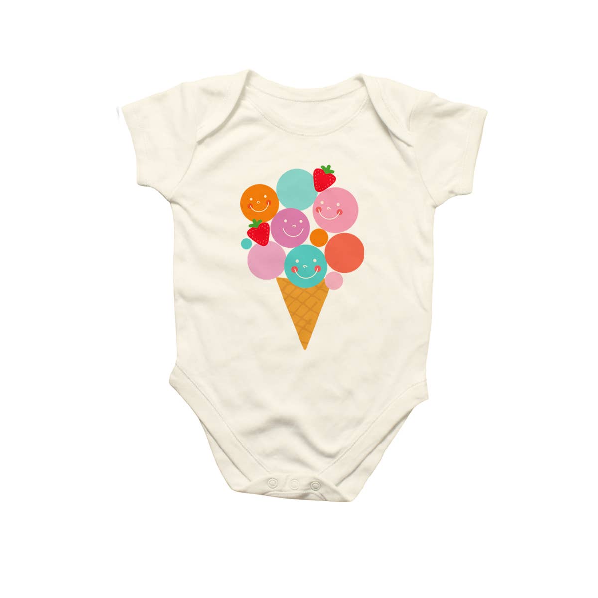 Baby onesie with a colorful ice cream cone design on a white background