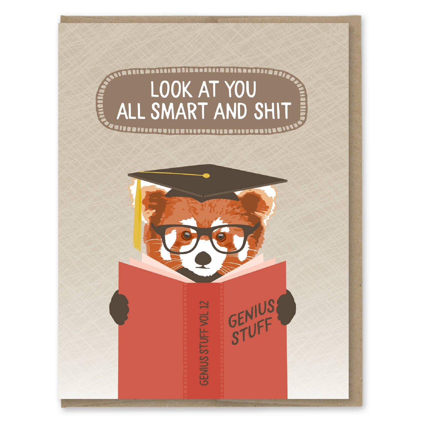 Card with a red panda wearing a graduation cap and reading a book titled 'Genius Stuff'.