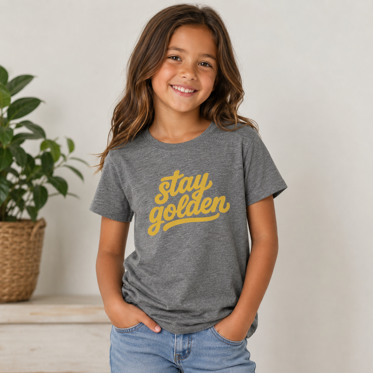 Child wearing a gray t-shirt with 'stay golden' text, standing indoors with a plant in the background.