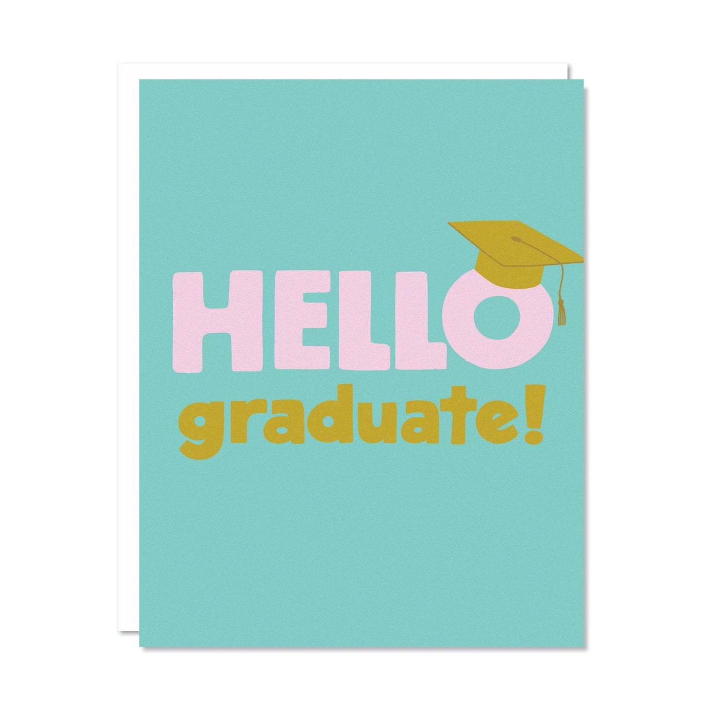 Card with 'Hello graduate!' text and a graduation cap on a light blue background