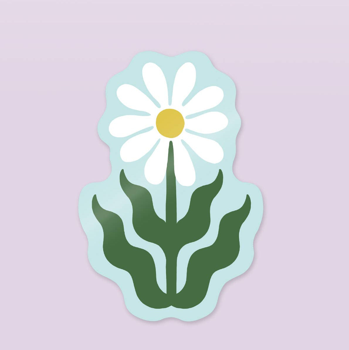Sticker of a white daisy with a yellow center on a light purple background