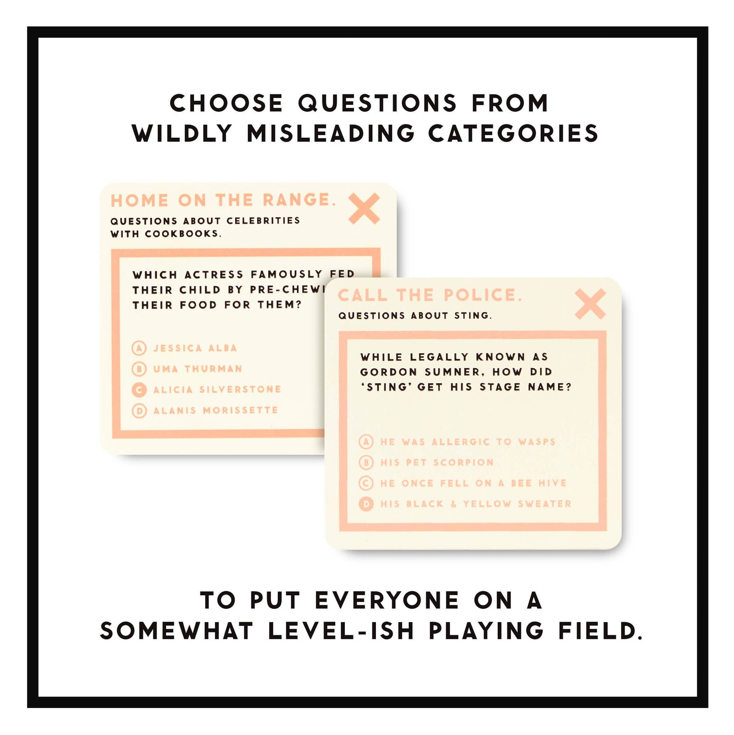 Two cards from a game with questions on celebrity and police-themed categories.