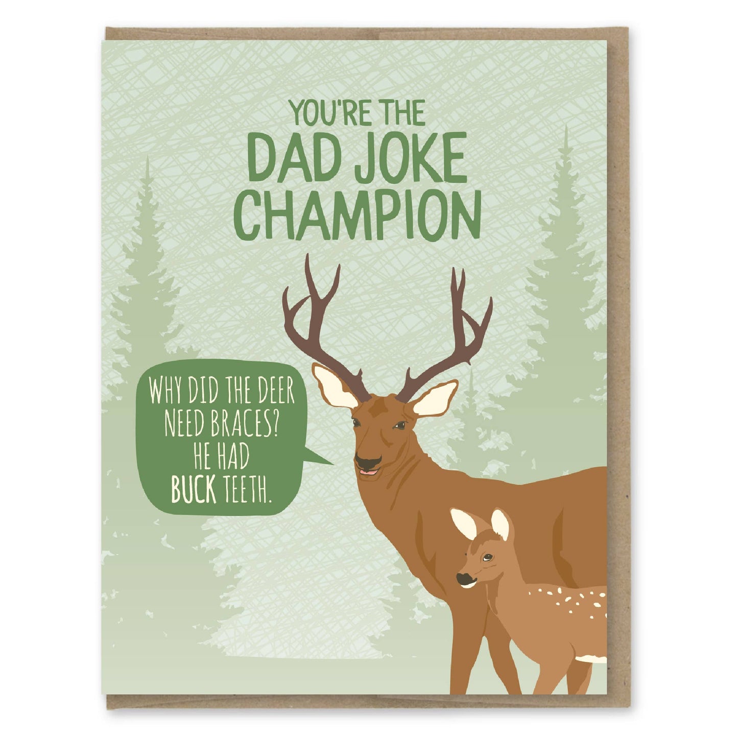 Card with a deer illustration and text about dad jokes on a forest background