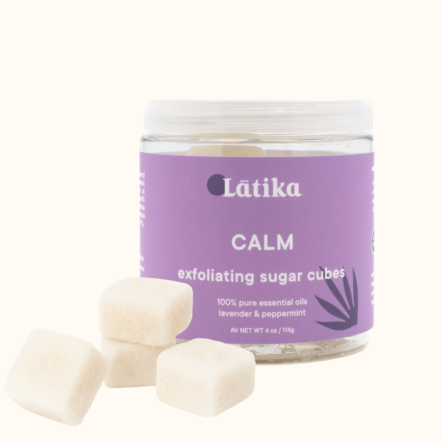 Jar of Latika Calm exfoliating sugar cubes on a white background