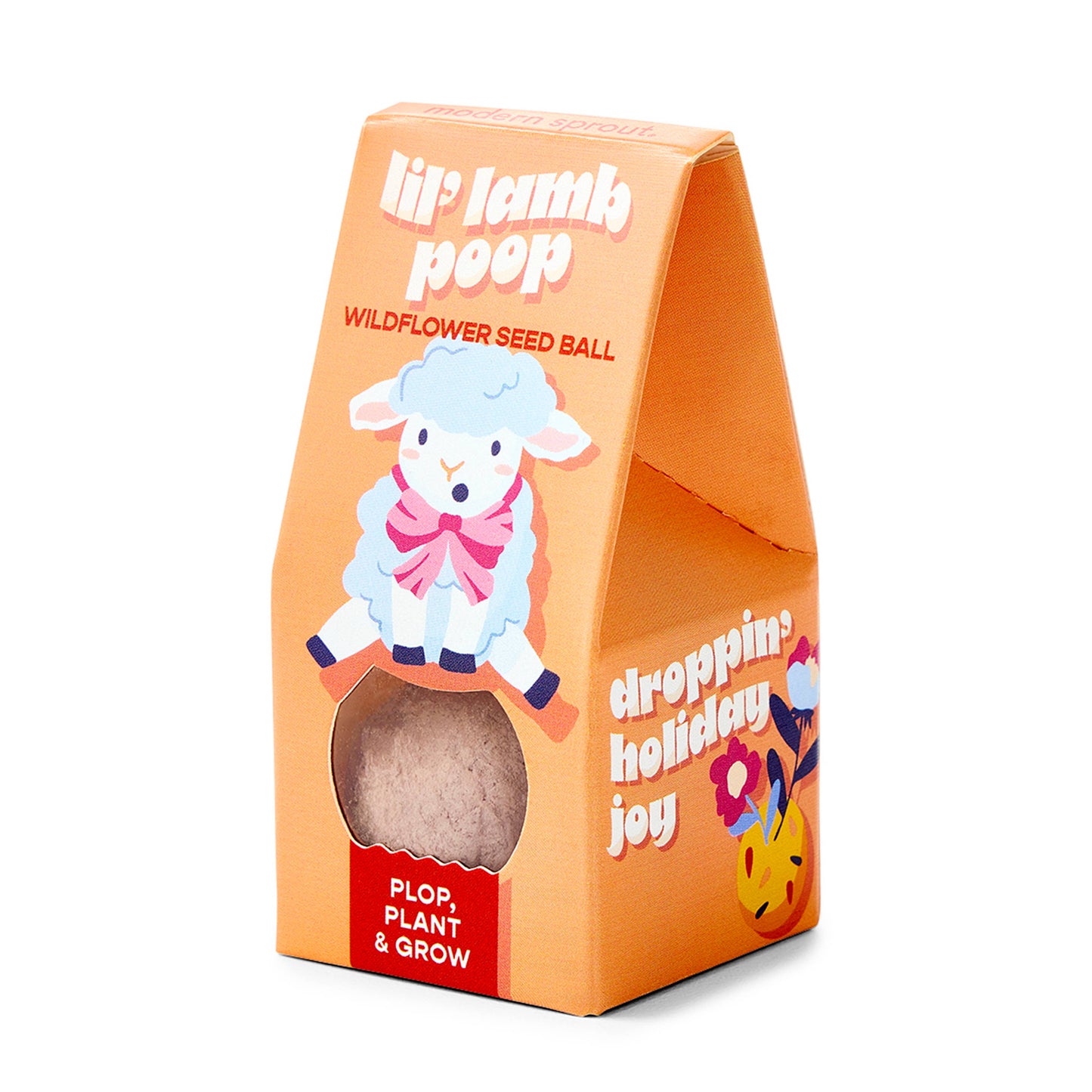 Orange packaging of a wildflower seed ball with a cartoon sheep on a white background