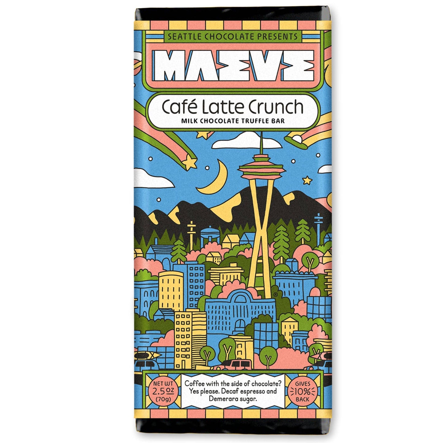 Chocolate bar packaging with Seattle skyline illustration on a white background