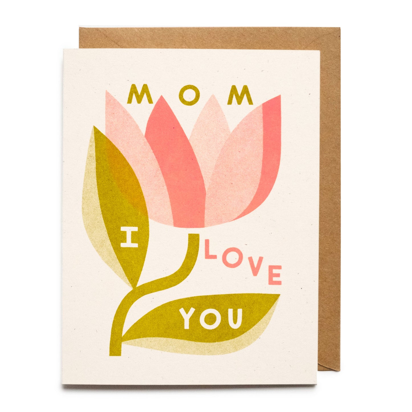 Greeting card with a pink flower and text 'Mom I love you' on a white background