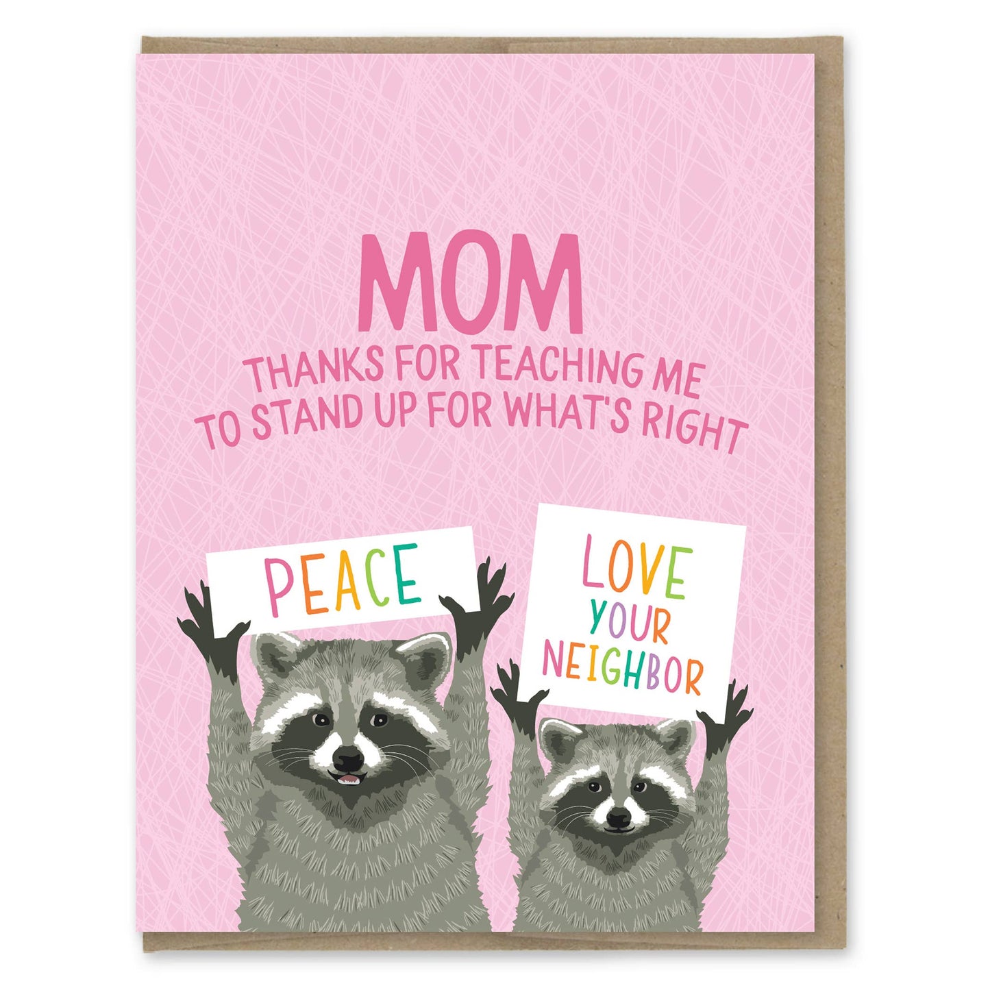 Greeting card with raccoons holding signs on a pink background