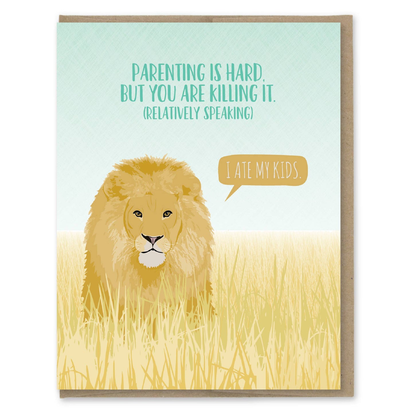 Card with a lion illustration and humorous text on a light blue background