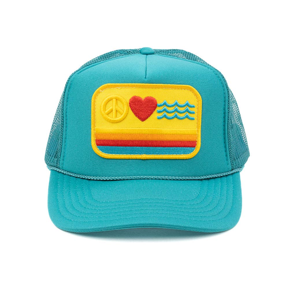Turquoise cap with a colorful patch featuring a peace symbol, heart, and waves on a white background.