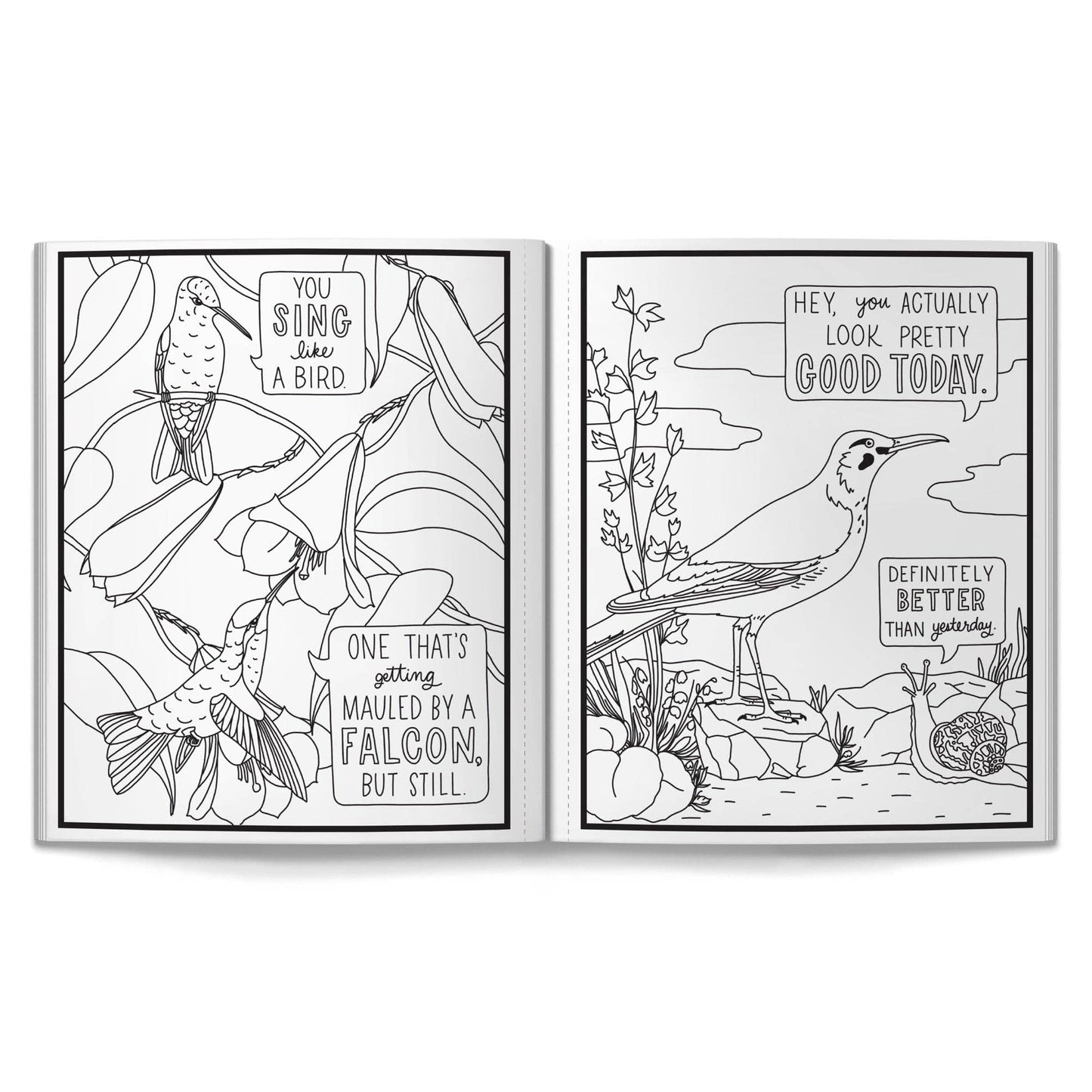 Two coloring book pages with bird illustrations and text on a white background