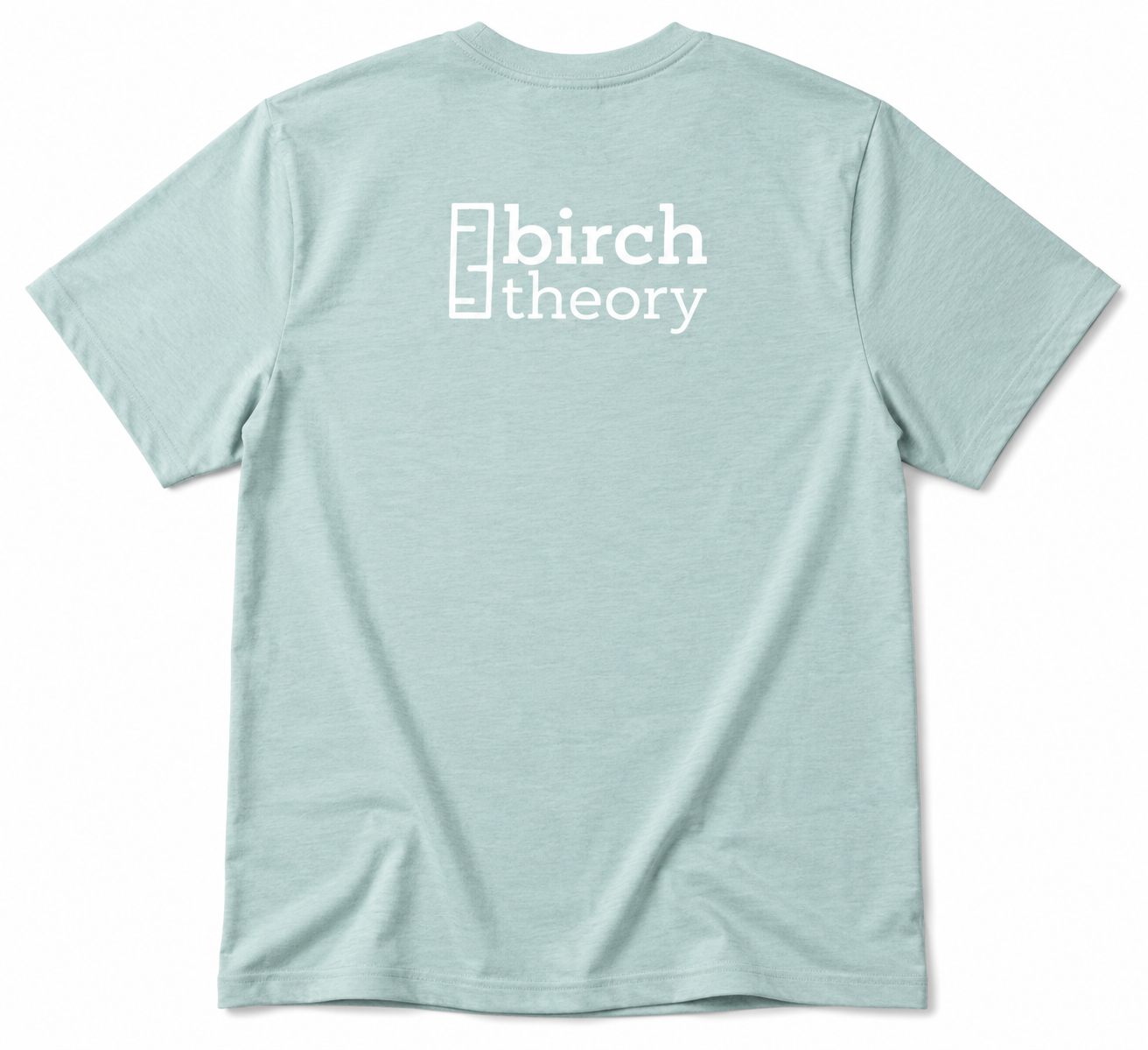 Light blue t-shirt with 'birch theory' logo on the back against a white background