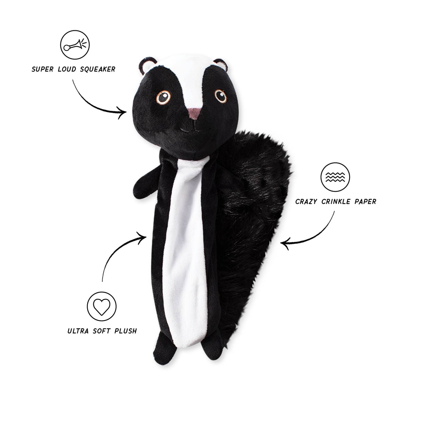 Black and white plush toy with features labeled on a white background