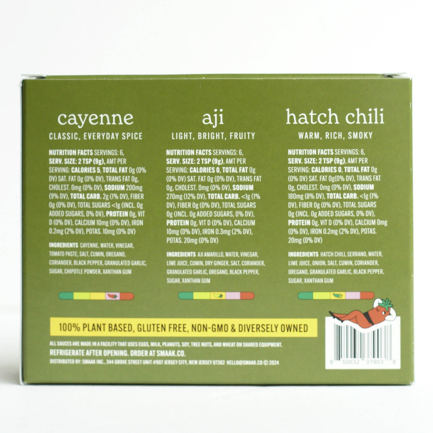Spice packaging with cayenne, aji, and hatch chili labels on a white background