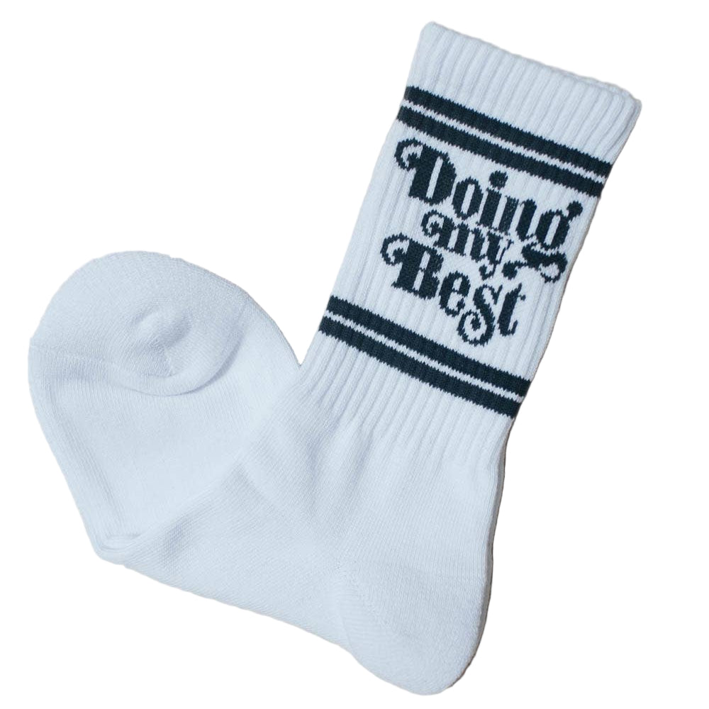 White sock with 'Doing my Best' text on a beige background