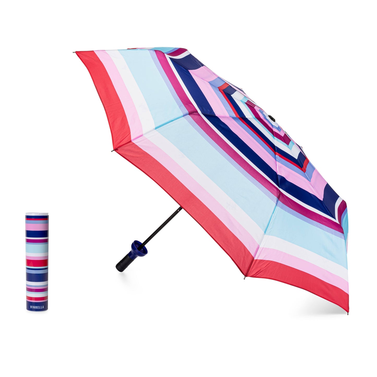Colorful striped umbrella with folded version on a white background