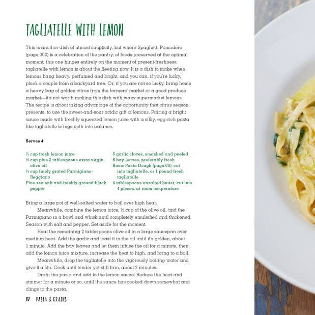 Plate of tagliatelle with lemon and text on a magazine page