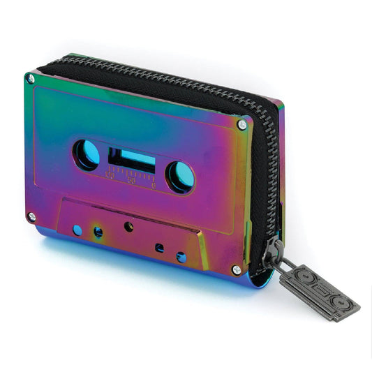 Colorful cassette tape-shaped wallet with a keychain on a white background