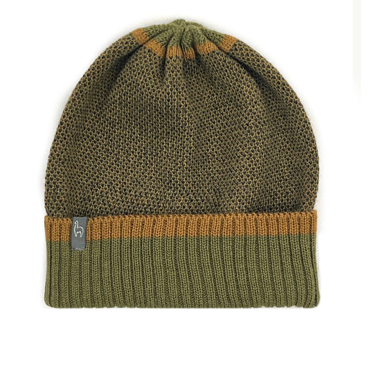 Green knit beanie with brown band on a white background