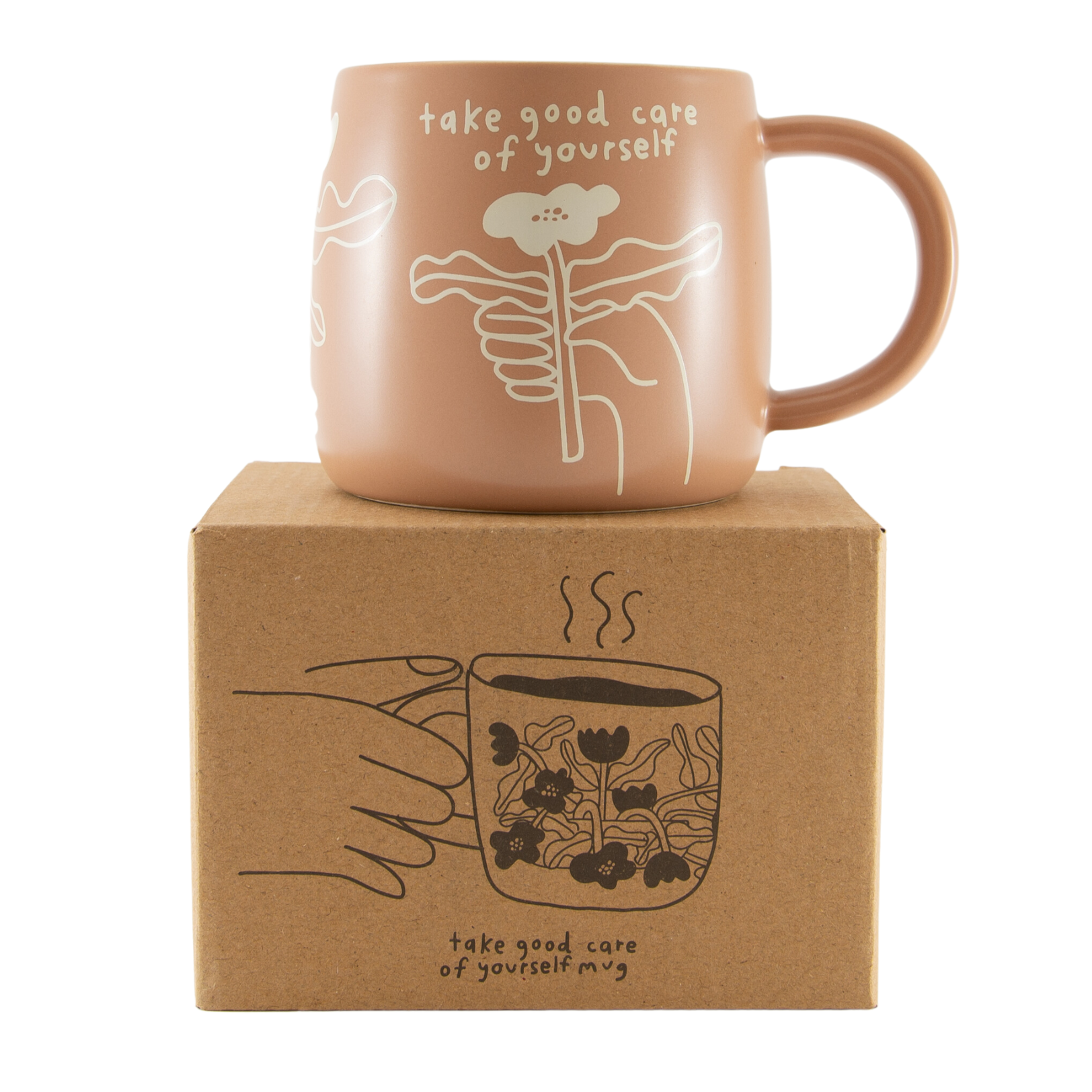 Pink mug with 'take good care of yourself' text on a matching box with similar design elements.