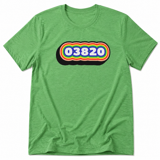 Green t-shirt with a colorful '03820' design on a white background