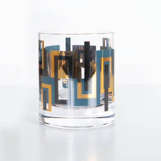 Mod Lounge | Blue & Gold Mid Century Vintage Whiskey Rocks Cocktail Glass