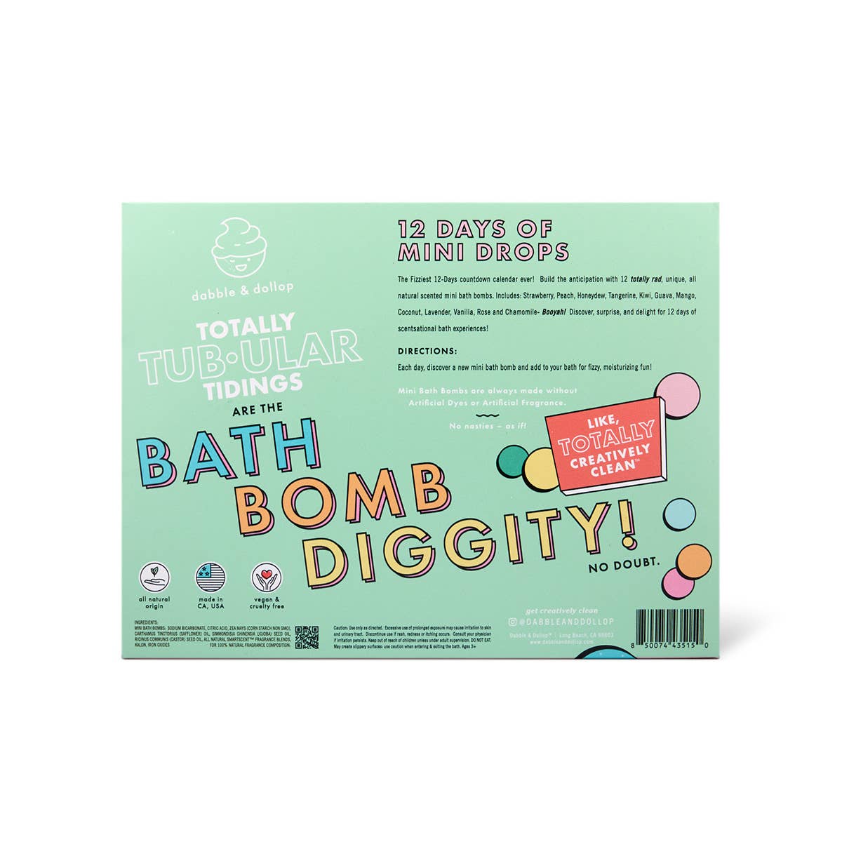 Box of 'Bath Bomb Diggity' with colorful text and branding on a light green background
