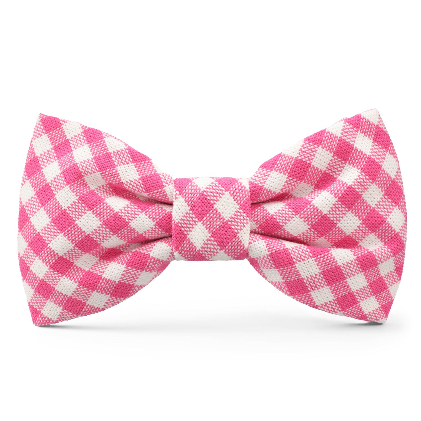 Pink and white checkered bow tie on a white background