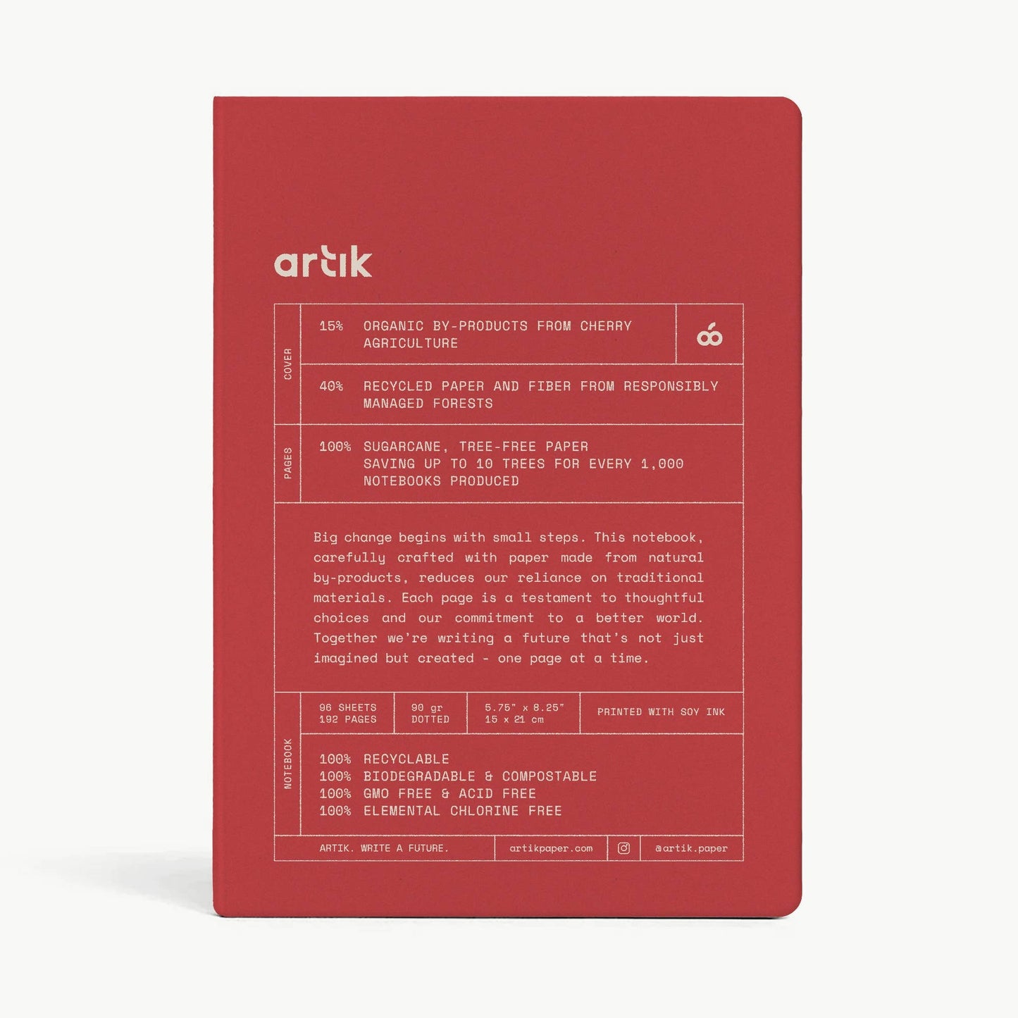 Red notebook with 'artik' branding and text on a white background