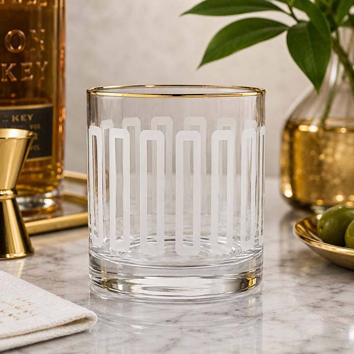 Mod Lounge - Frosted Mid Century Retro Whiskey Rocks Glass with Gold Rim