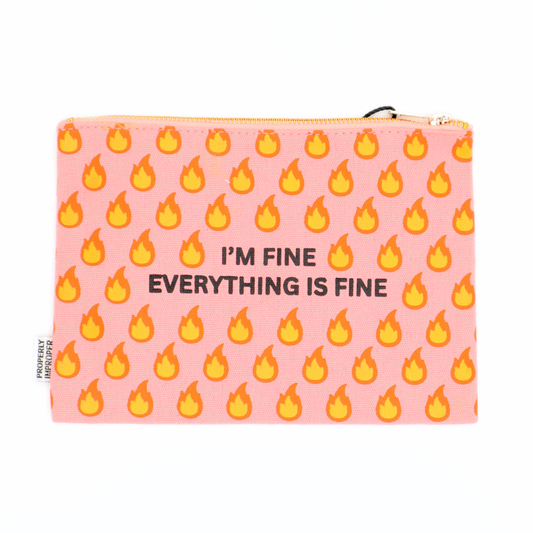 Pink pouch with flame pattern and text 'I'm fine Everything is fine' on a white background