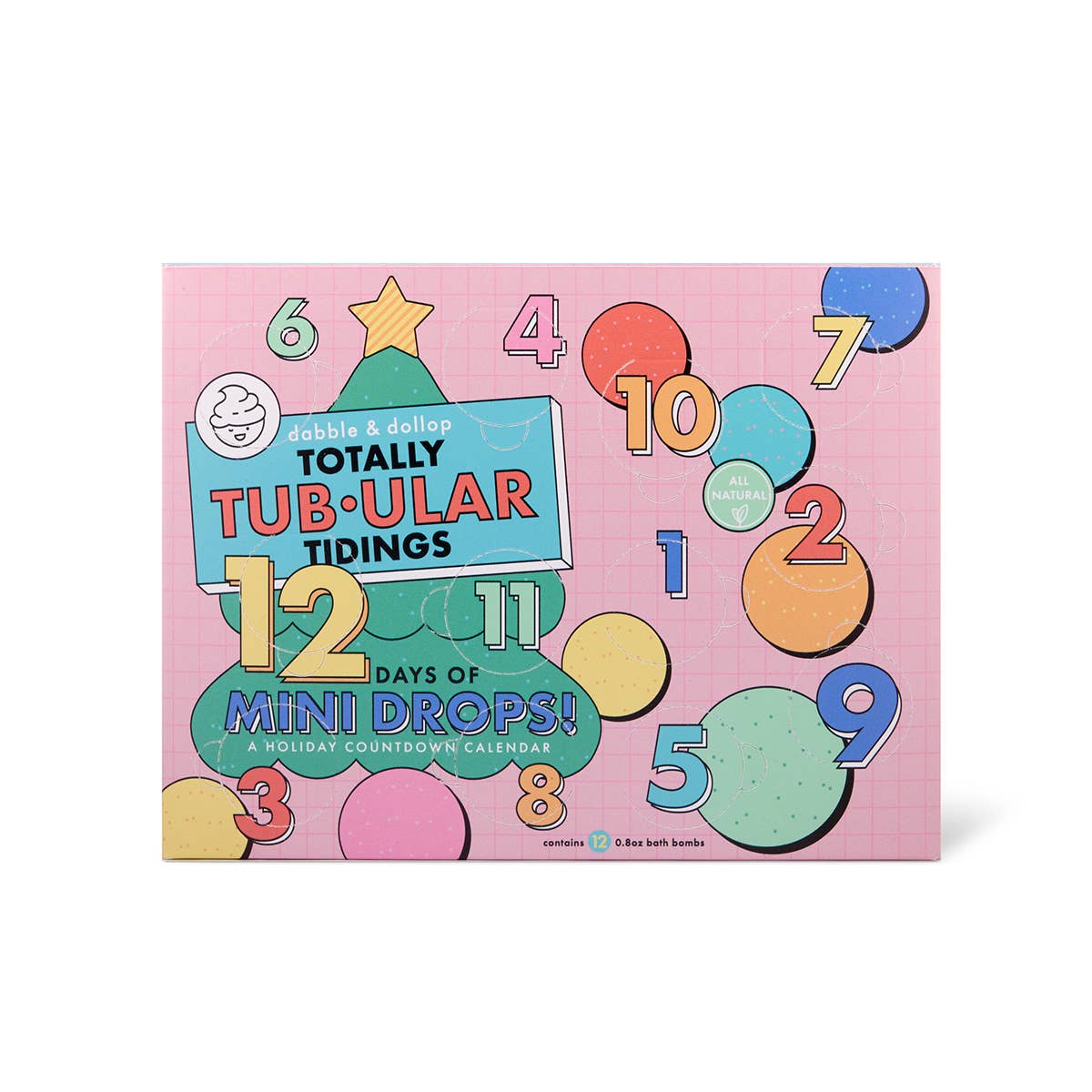 Colorful holiday countdown calendar with numbers and text on a pink background