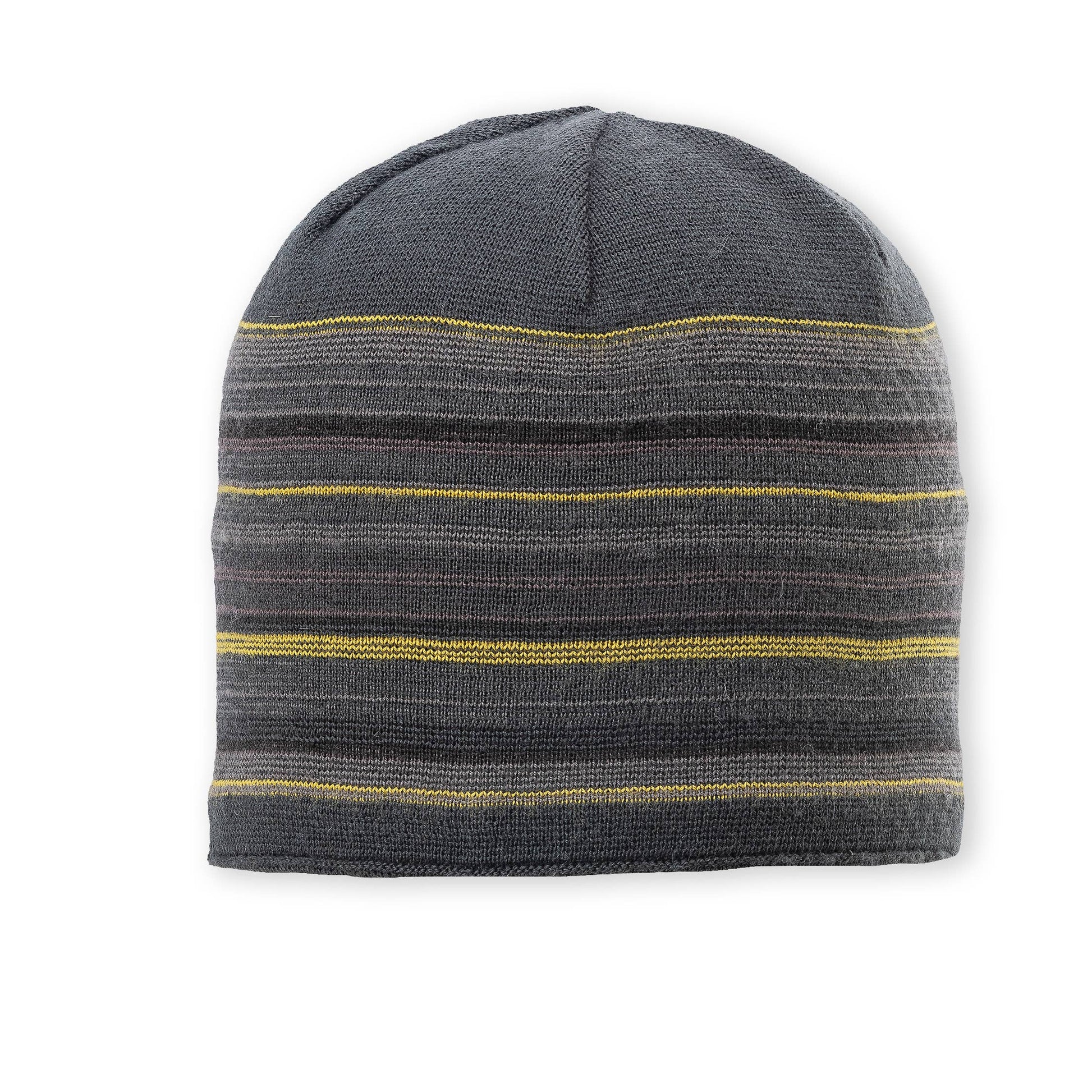 Gray beanie with yellow stripes on a white background